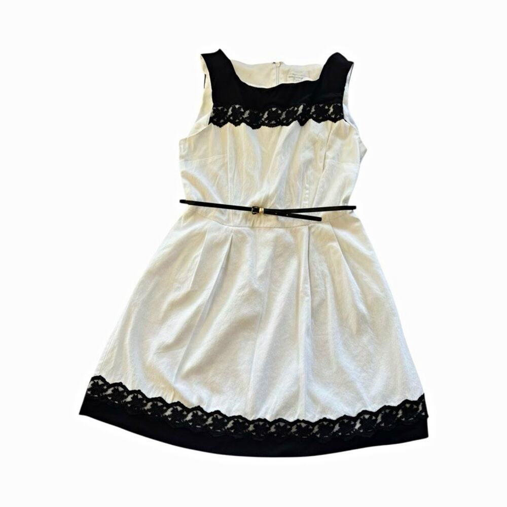New York & Company women’s 14 A-Line White/Black Lace Belted Dress Sleeveless